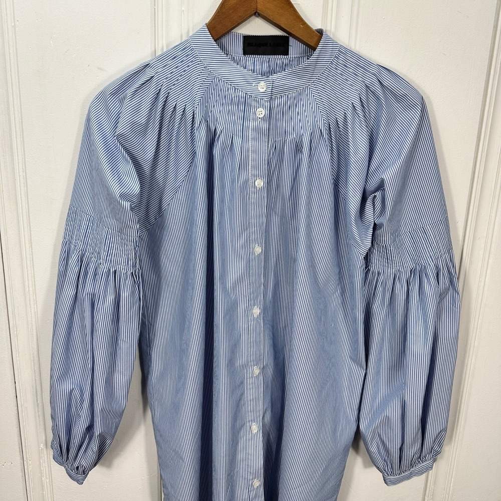 Blaque Label Tunic Top Womens Small Blue White Stripe Excellent Puff Sleeve